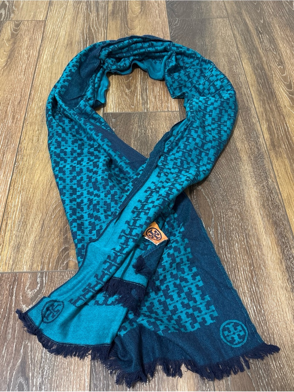 Tory Burch Teal & Navy Logo Jacquard Scarf 100% wool